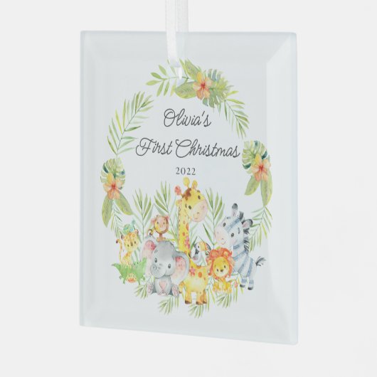 Jungle Animals Baby's First Christmas Ornament Aus Glas (Vorderseite links)