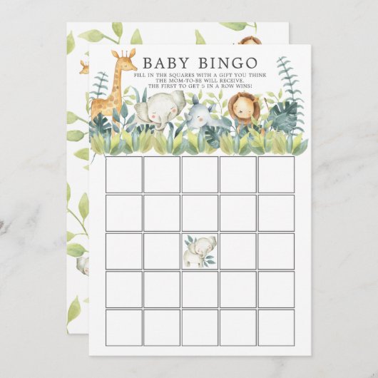 Jungle Animals BINGO Babyduschenspiel Einladung (Vorne/Hinten)