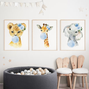 Jungle Animals, Blue Bubble Gum, Boy Kinderzimmer Bilderwand Sets