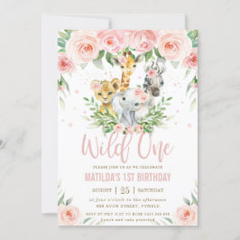 Jungle Animals Blush Floral 1. Geburtstag Wild ONE Einladung