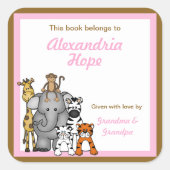 Jungle Animals Book Tellers Pink Girl BUCHZEICHEN Quadratischer Aufkleber (Vorderseite)