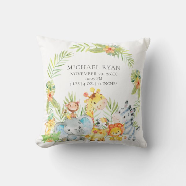 Jungle Animals Boys Baby Birth Stats Pillow Kissen (Vorderseite)