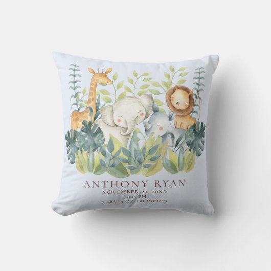 Jungle Animals Boys Baby Birth Stats Pilze Kissen (Vorderseite)