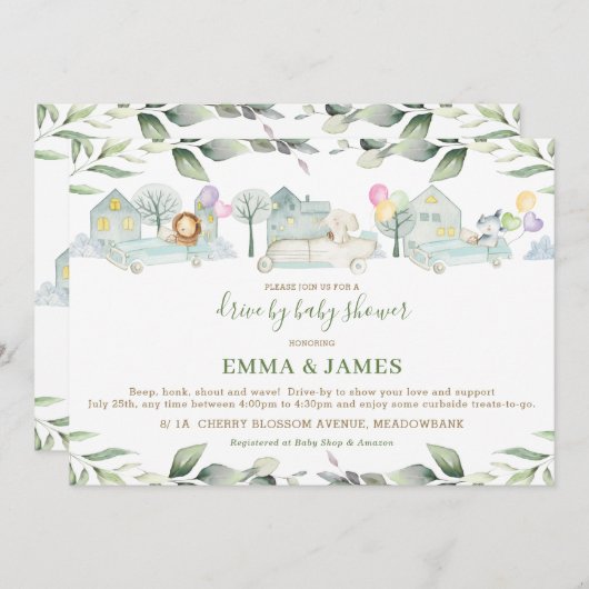 Jungle Animals Cars Greenerity Drive by Baby Showe Einladung (Vorne/Hinten)