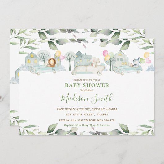 Jungle Animals Cars Greenery Kinderdusche Mädchen Einladung (Vorne/Hinten)