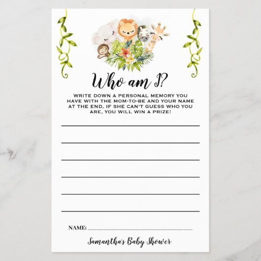 Jungle Animals, die ich bin Baby Showgame Card Flyer (Vorne)