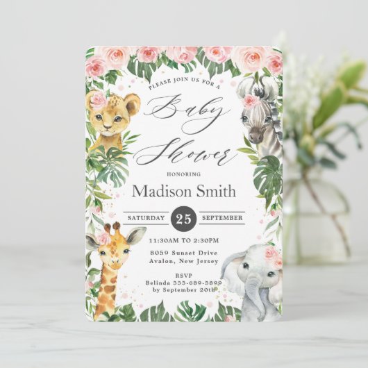 Jungle Animals Floral Greenery Safari Baby Dusche Einladung (Stehend Vorderseite)