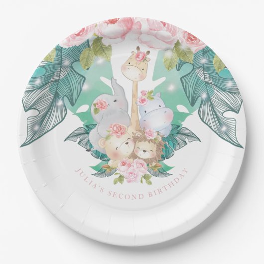 Jungle Animals Girl Geburtstag Custom Pappteller (Vorderseite)