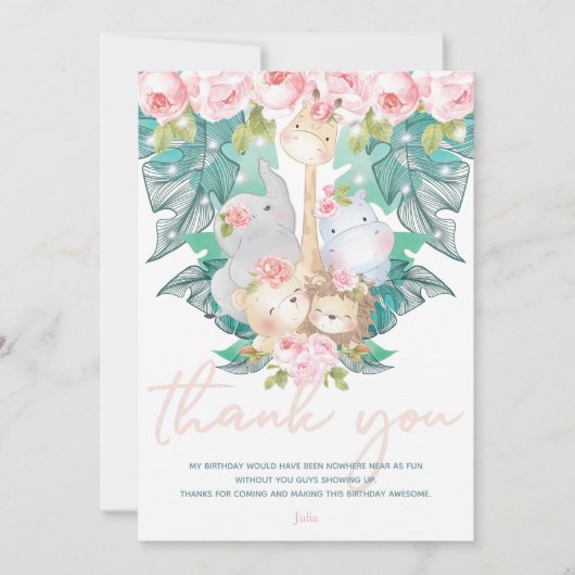 Jungle Animals Girl zum Geburtstag Dankeskarte (Vorderseite)