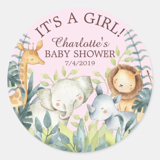 Jungle Animals Girls Babydusche Danke schön Runder Aufkleber (Vorderseite)