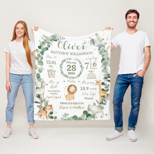 Jungle Animals Greenery Baby Birth Print Stats Fleecedecke (Beispiel)