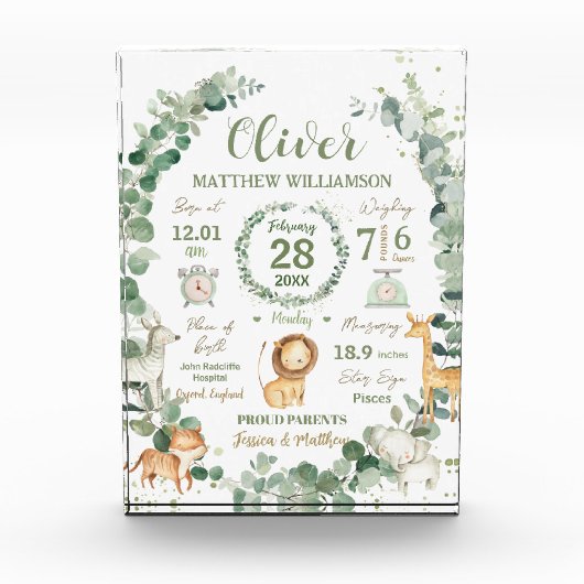 Jungle Animals Greenery Baby Birth Print Stats Fotoblock (Vorderseite)