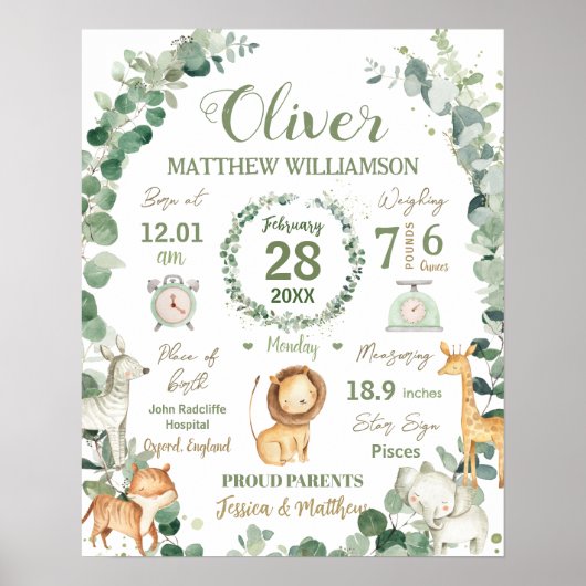 Jungle Animals Greenery Baby Birth Print Stats Poster (Vorne)