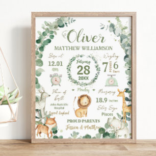 Jungle Animals Greenery Baby Birth Print Stats Poster