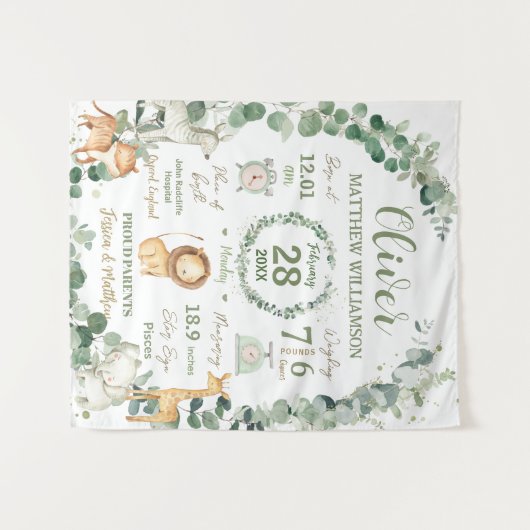 Jungle Animals Greenery Baby Birth Print Stats Wandteppich (Vorderseite (Horizontal))