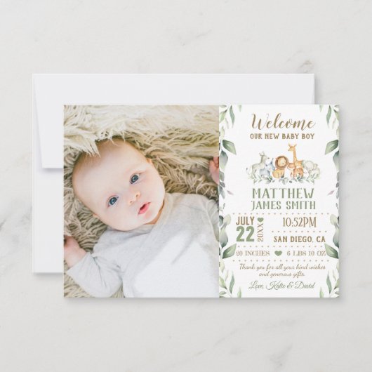 Jungle Animals Greenery New Baby Boy Foto Birth Ankündigung (Vorderseite)