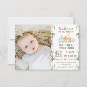 Jungle Animals Greenery New Baby Boy Foto Birth Ankündigung