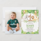 Jungle Animals Greenery Safari 1. Geburtstag Foto Einladung (Vorderseite)