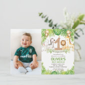 Jungle Animals Greenery Safari 1. Geburtstag Foto Einladung (Stehend Vorderseite)