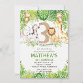 Jungle Animals Greenery Safari 3. Geburtstag Party Einladung (Vorderseite)