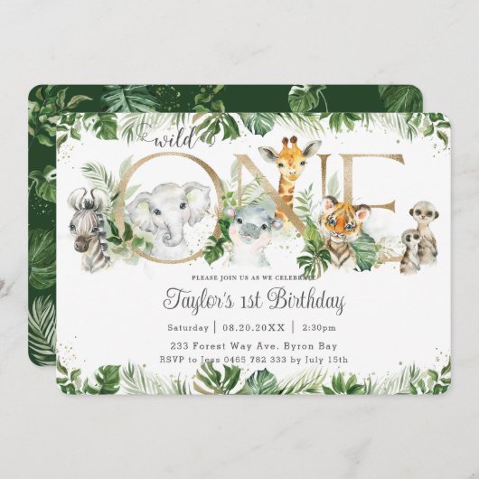 Jungle Animals Greenery Wild ONE 1. Geburtstag Einladung (Vorne/Hinten)