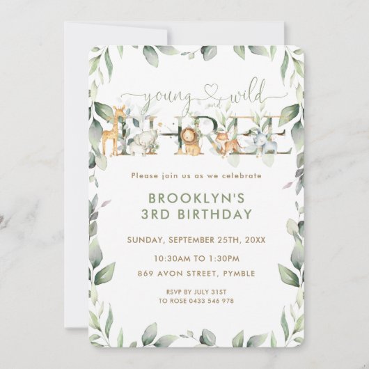 Jungle Animals Greenery Young Wild and Three Einladung (Vorderseite)