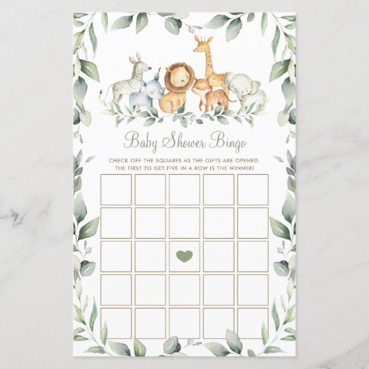 Jungle Animals Grüne Baby Dusche Bingo Spiel (Vorderseite)