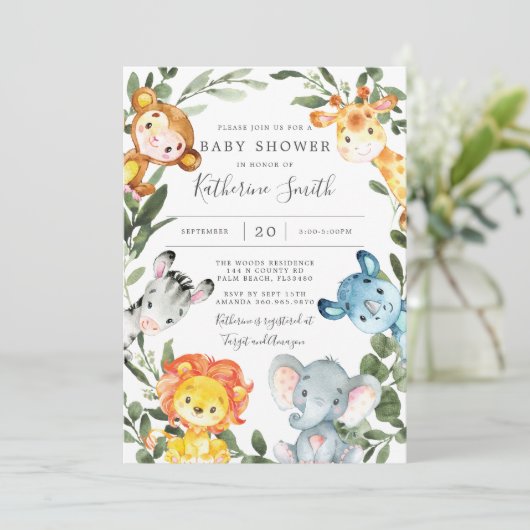 Jungle Animals Kinderdusche Einladung (Stehend Vorderseite)