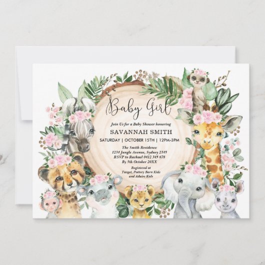 Jungle Animals Pink Blush Floral Baby Girl Dusche Einladung (Vorderseite)