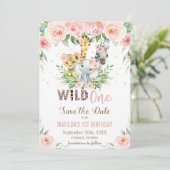 Jungle Animals Pink Floral Save the Date Card Einladung (Stehend Vorderseite)