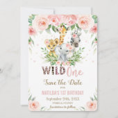 Jungle Animals Pink Floral Save the Date Card Einladung (Vorderseite)
