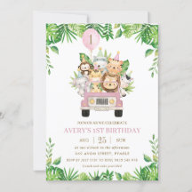 Jungle Animals Pink Safari Auto Girl 1. Geburtstag