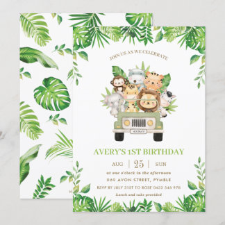 Jungle Animals Safari Auto Grüne 1. Geburtstag Einladung