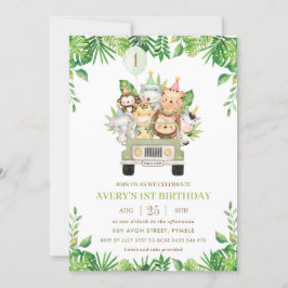 Jungle Animals Safari Auto Grüne 1. Geburtstag Einladung