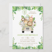 Jungle Animals Safari Auto Grüne 1. Geburtstag Einladung (Vorderseite)