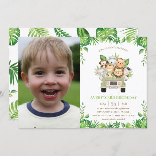 Jungle Animals Safari Auto Grüne Geburtstag Foto Einladung