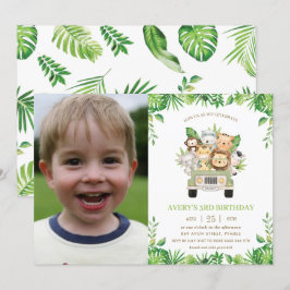 Jungle Animals Safari Autos Grüne Geburtstag Foto Einladung