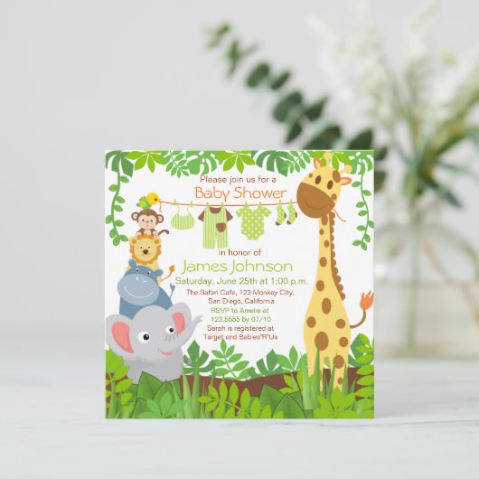 Jungle Animals Safari Baby Dusche Einladung (Stehend Vorderseite)