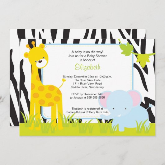 Jungle Animals Safari Baby Dusche Einladung (Vorne/Hinten)