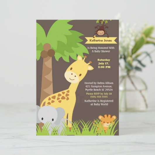 Jungle Animals Safari Baby Dusche Einladung (Stehend Vorderseite)