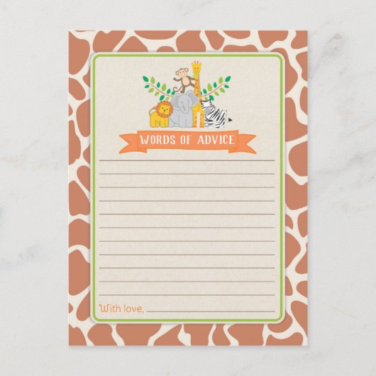 Jungle Animals Safari Baby Dusche Worte des Ratsch Hinweiskarte (Vorderseite)