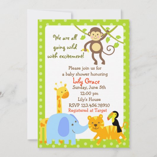 Jungle Animals Safari Baby Shower Einladungen (Vorderseite)