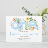 Jungle Animals Safari Blue Niedlich 1. Geburtstag Einladung (Stehend Vorderseite)