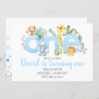 Jungle Animals Safari Blue Niedlich 1. Geburtstag Einladung