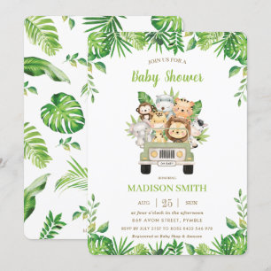 Jungle Animals Safari Car Greenery Baby Dusche Einladung