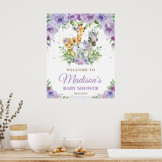 Jungle Animals Safari Lila Floral Baby Willkommen Poster (Küche)