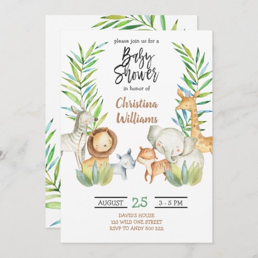Jungle Animals Safari Neutral Baby Dusche Einladung (Vorne/Hinten)