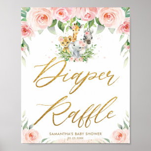 Jungle Animals Safari Pink Floral Diaper Raffles Poster