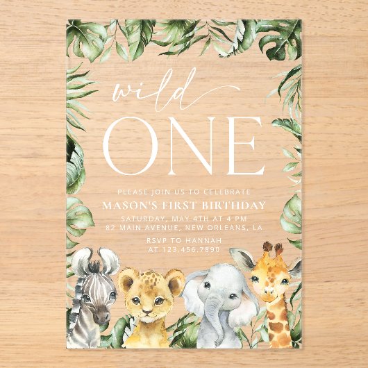 Jungle Animals, Safari, Wild One, erster Geburtsta Acryleinladungen (Vorderseite)