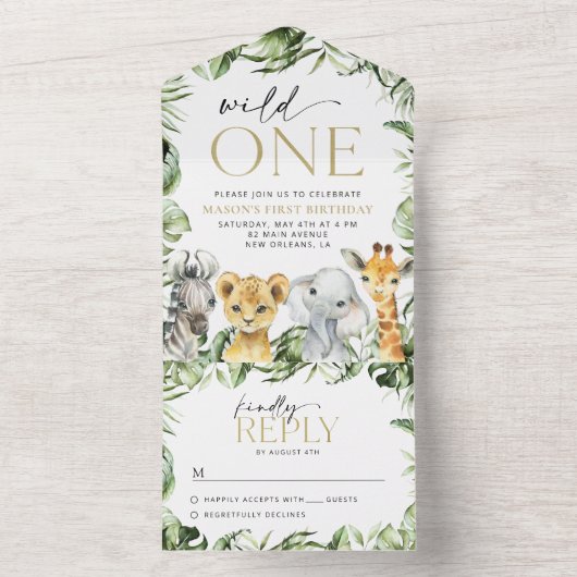 Jungle Animals, Safari, Wild One, erster Geburtsta All In One Einladung (Innen Boden)